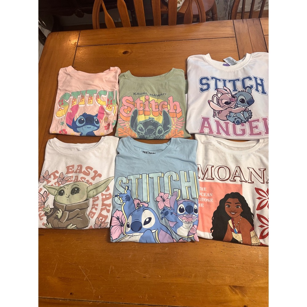 Disney Girls 10/12 Bundle Stitch Angel Moana Grogu Graphic Tee Shirt Lot 6pc